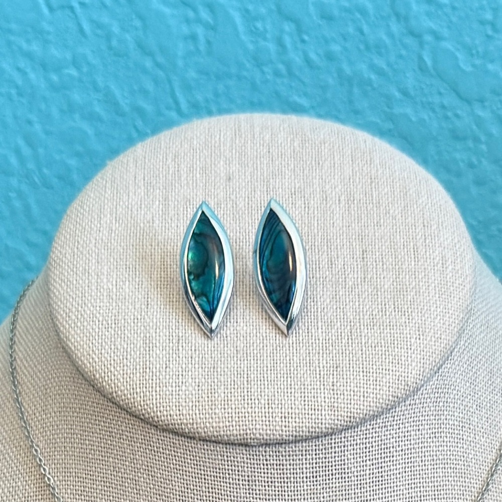 Abalone Shell Necklace & Earrings Set Nickel Silver Blue Green Excellent - Picture 3 of 4